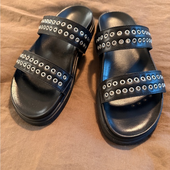 Very 90s! Saint and Sofia Black Slide Sandals with Silver Eyelets - Picture 2 of 5
